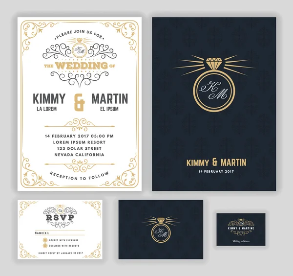 Invitaciones creativas de boda con diseño florido y giros — Vector de stock