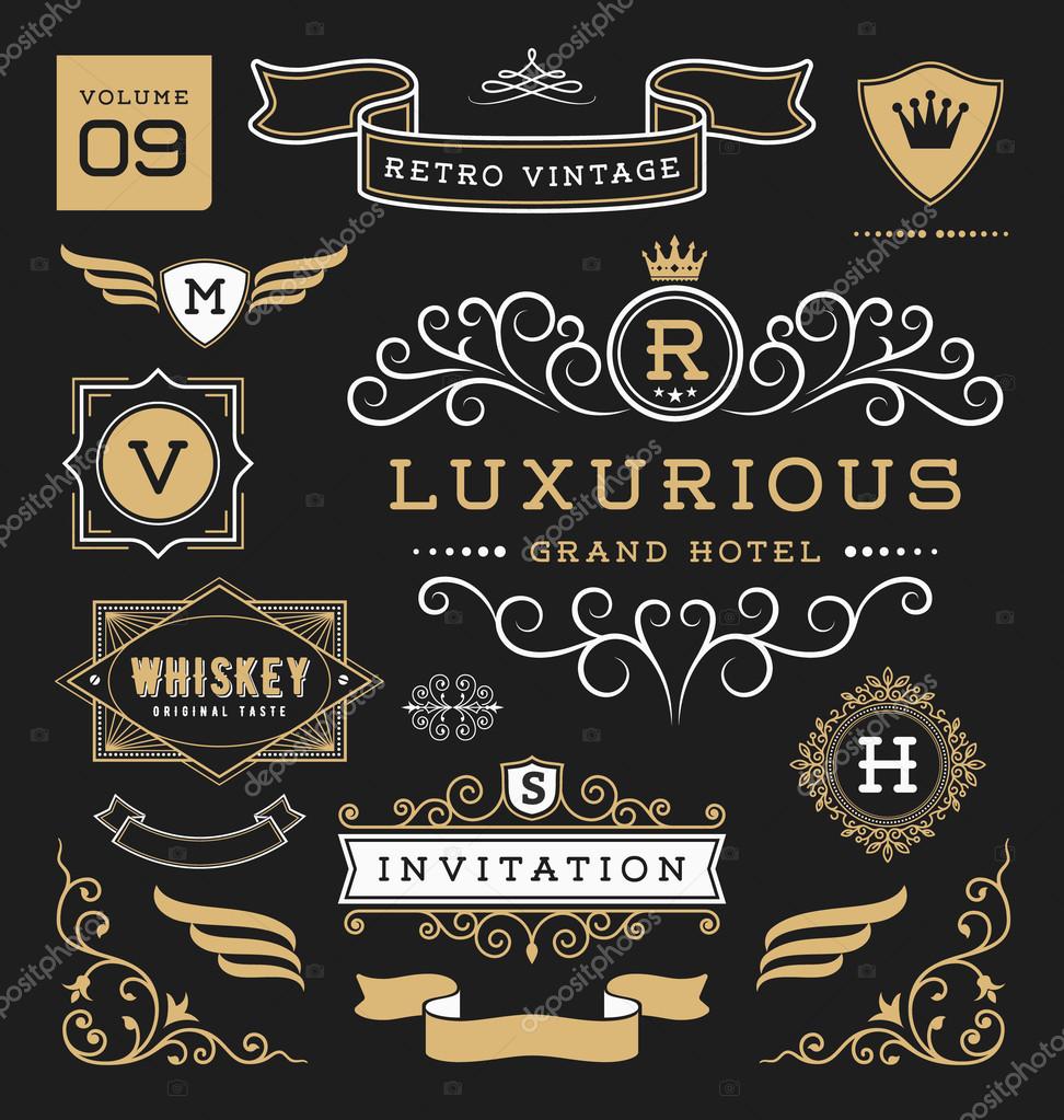 Set of retro vintage graphic design elements. Sign, frame labels, ribbons, logo symbols, crowns, flourishes line and ornaments. Suitable for Hotel, Restaurant, Invitation and more. Vector illustration