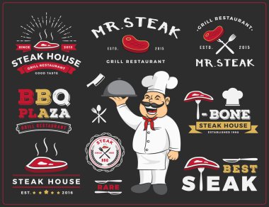 Set of steak and grill restaurant logo label design
