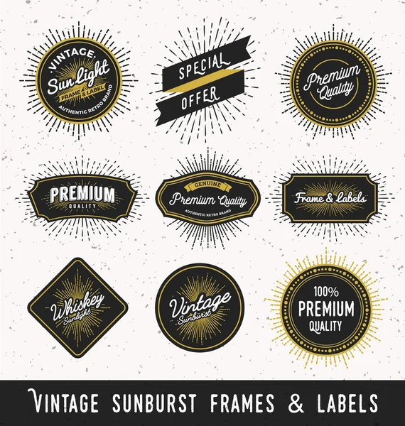 Set of frame and label with vintage sunburst design. — ストックベクタ