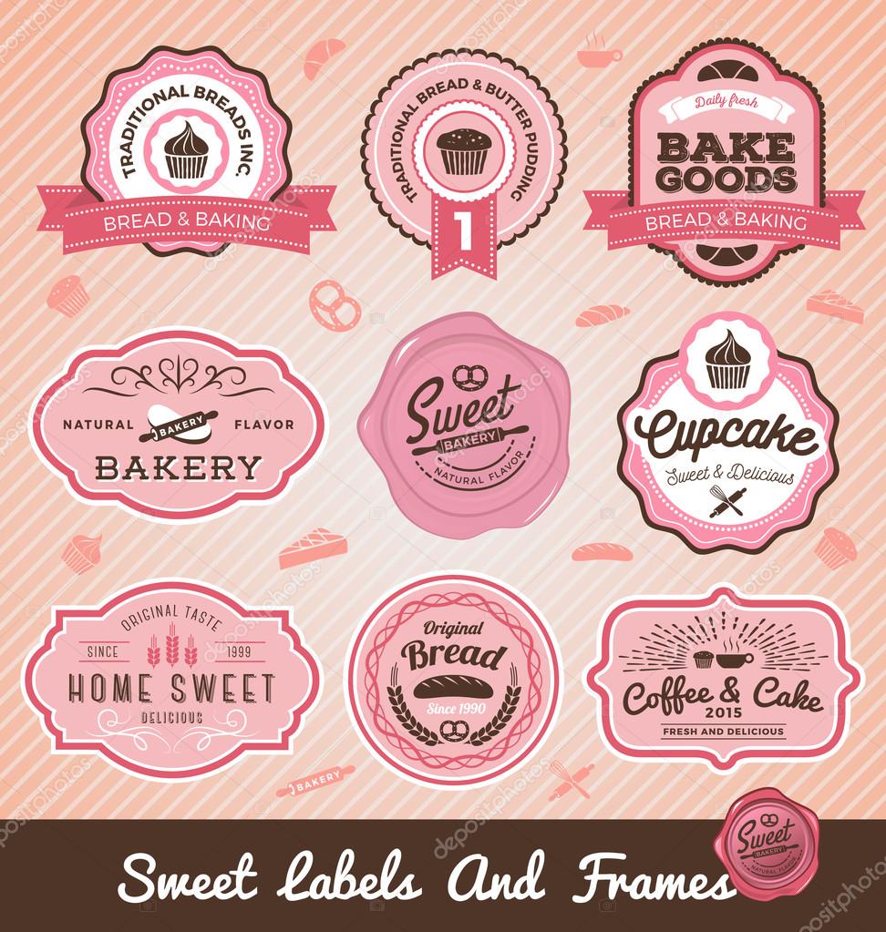 Set of sweet bakery and bread labels design for sweets shop, bakery shop, cake shop, restaurant, bake shop. Vector illustration. All types used free commercial font.