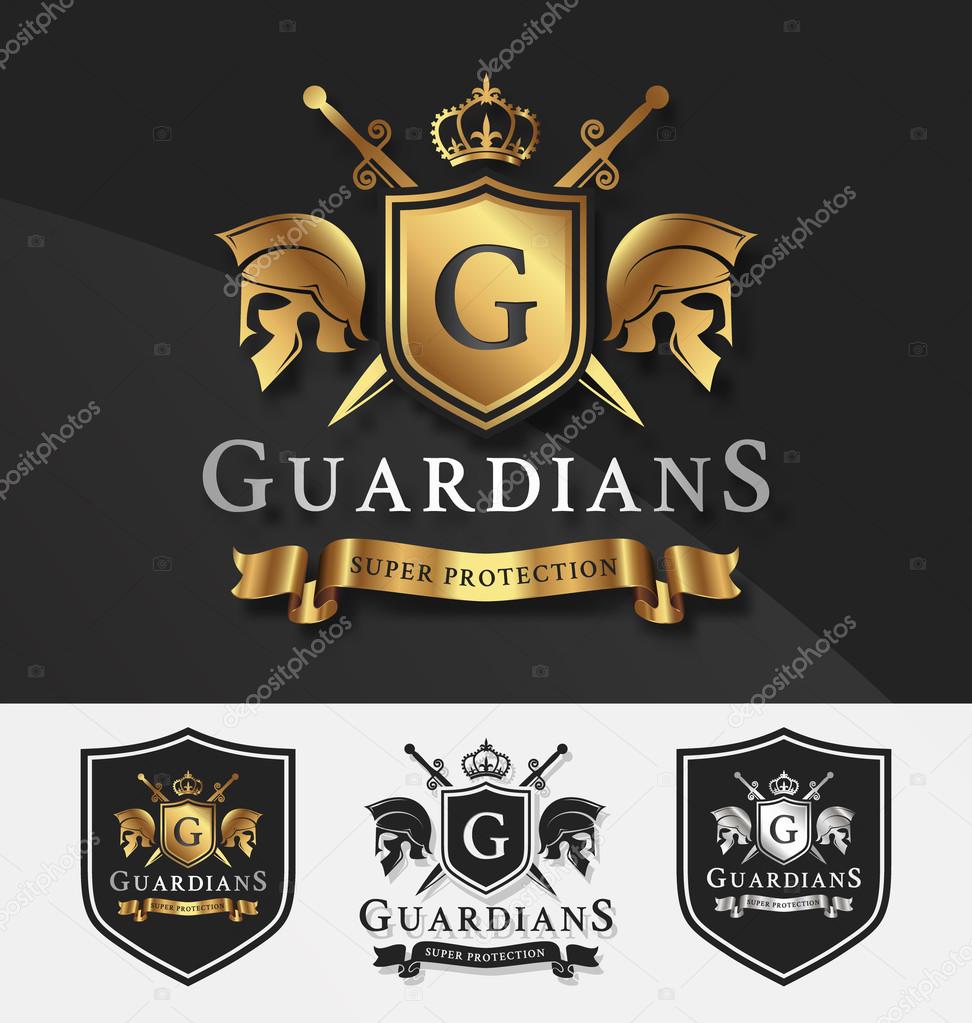 Shield and Two Guardians with cross knight crest logo template for Protection, Victory, Fighting, Safety concept. Vector illustration