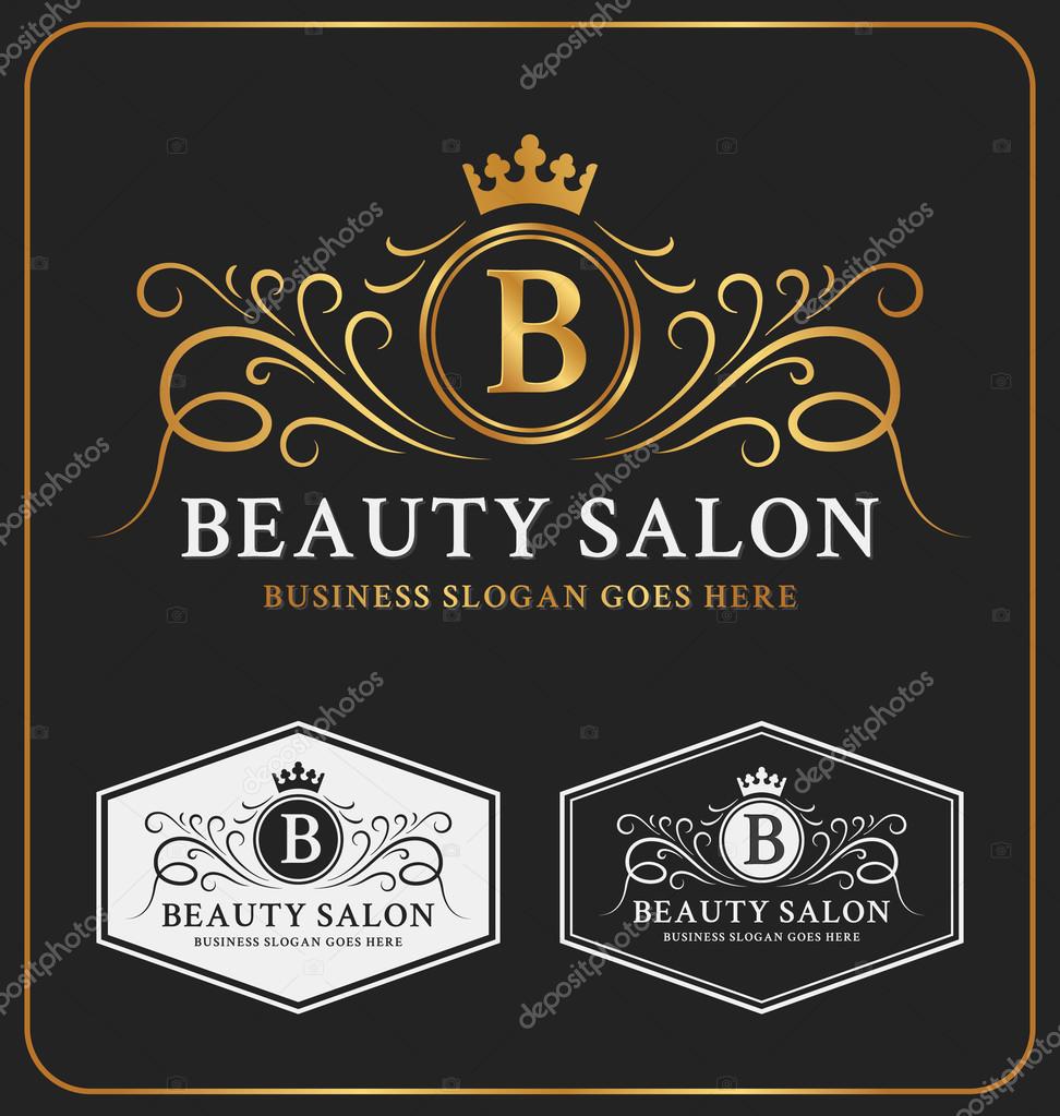 Beauty Salon Heraldic Crest Logo Template Design. Flourish line monogram logotype. Vector illustration