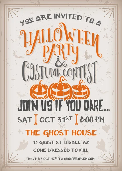 Halloween party a kostýmu soutěž pozvání s designem strašidelné dýně — Stockový vektor