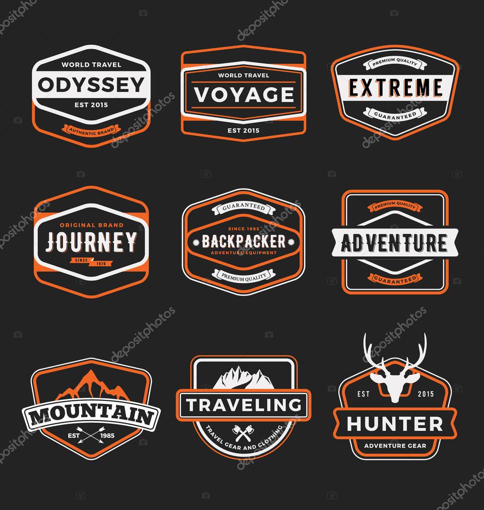 Set of  outdoor adventure and traveling gear badge logo, emblem logo, label design. Vector illustration