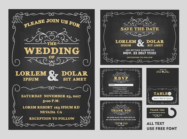 Vintage Chalkboard Convites de casamento conjunto de design —  Vetores de Stock