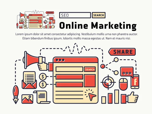 Marketing en línea. Iconos y símbolos para encabezado web — Vector de stock