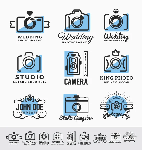 Uppsättning av fotografi och kamera service insignier Logotypdesign — Stock vektor