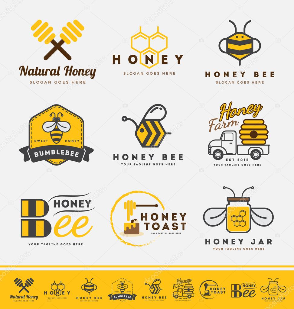 Set of honey bee logo and labels for honey products