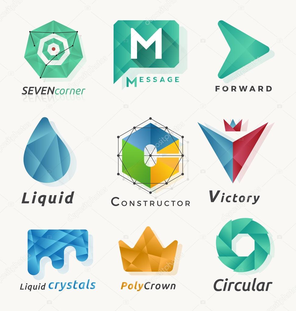 9 Different abstract polygonal geometric logo element design for modern business. Vector illustration