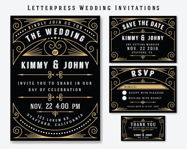 Plantilla de diseño de invitación de boda de Letterpress. Incluir tarjeta RSVP, Guardar la tarjeta de fecha, gracias etiquetas. Ilustración de vectores de marco de estilo vintage Premium clásico . — Vector de stock