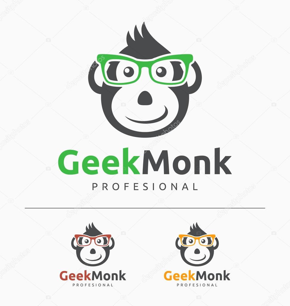 Geek Monkey Logo Template. Monkey with glasses mascot cartoon sign. Vector Illustration