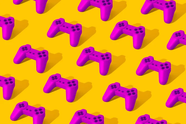 黄色の背景に紫のレトロジョイスティックで作られたパターン 3Dレンダリング 角度付きビュー 極小大胆なゲームコンセプト — ストック写真
