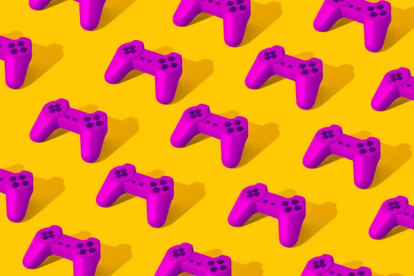 Padrão Feito Com Joystick Retro Roxo Fundo Amarelo Renderização Vista — Fotografia de Stock