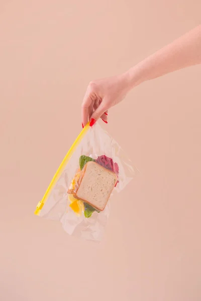 Mooie Vrouw Hand Houden Vacuüm Plastic Zak Met Sandwich Gemaakt — Stockfoto