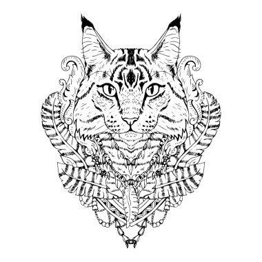 Siyah beyaz hayvan Kedi kafası, soyut sanat, dövme, doodle kroki.