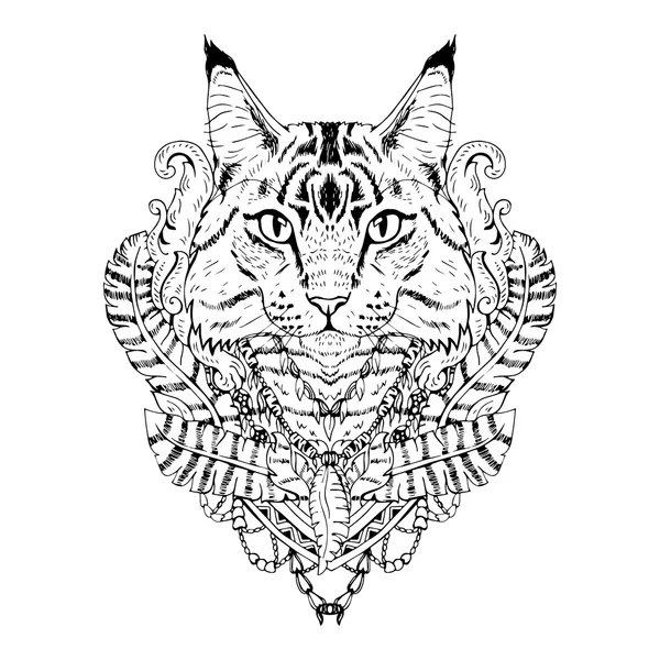 Black and white animal Cat head, abstract art, tattoo, doodle sketch. — Stock Vector