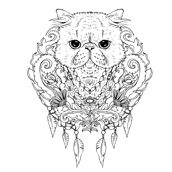 Zwart-wit dierlijke kat hoofd, abstracte kunst, Tattoo, doodle schets. — Stockvector