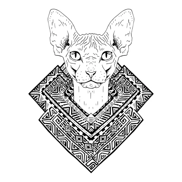 Черно-белое животное Кошачья голова, абстрактное искусство, татуировка, каракули . — стоковый вектор