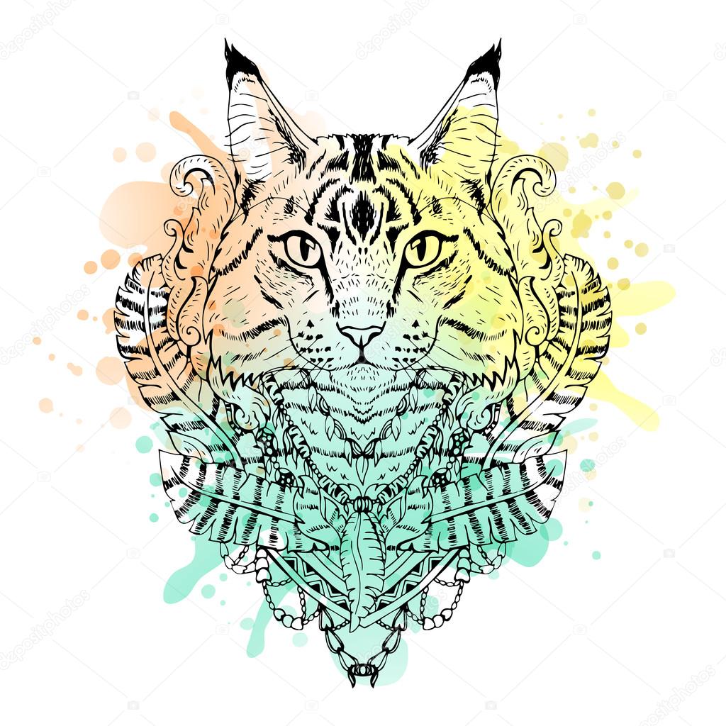 Black And White Animal Cat Head Watercolor Abstract Art Tattoo Doodle Sketch Stock Vector Image By C Airin Dizain