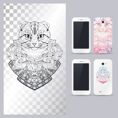 Siyah beyaz hayvan Kedi kafası. Telefon kılıfı için vektör çizimi.