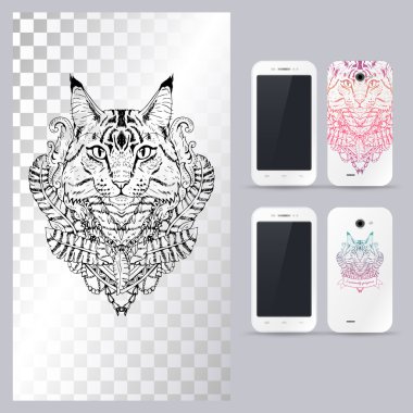 Siyah beyaz hayvan Kedi kafası. Telefon kılıfı için vektör çizimi.