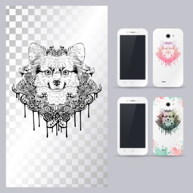 Siyah beyaz hayvan köpek kafası. Telefon kılıfı için vektör çizimi.