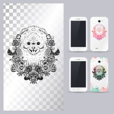 Siyah beyaz hayvan köpek kafası. Telefon kılıfı için vektör çizimi.