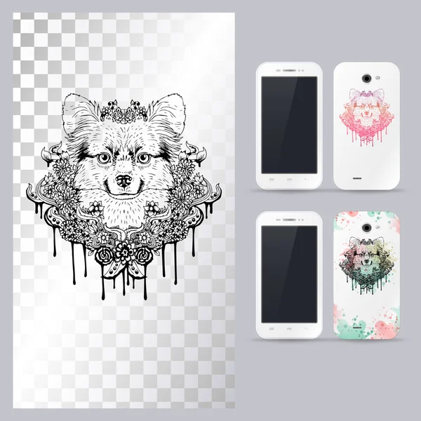 Siyah beyaz hayvan köpek kafası. Telefon kılıfı için vektör çizimi.