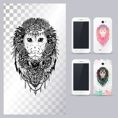 Siyah ve beyaz hayvan maymun kafası. Vektör çizim telefon çalışması için.