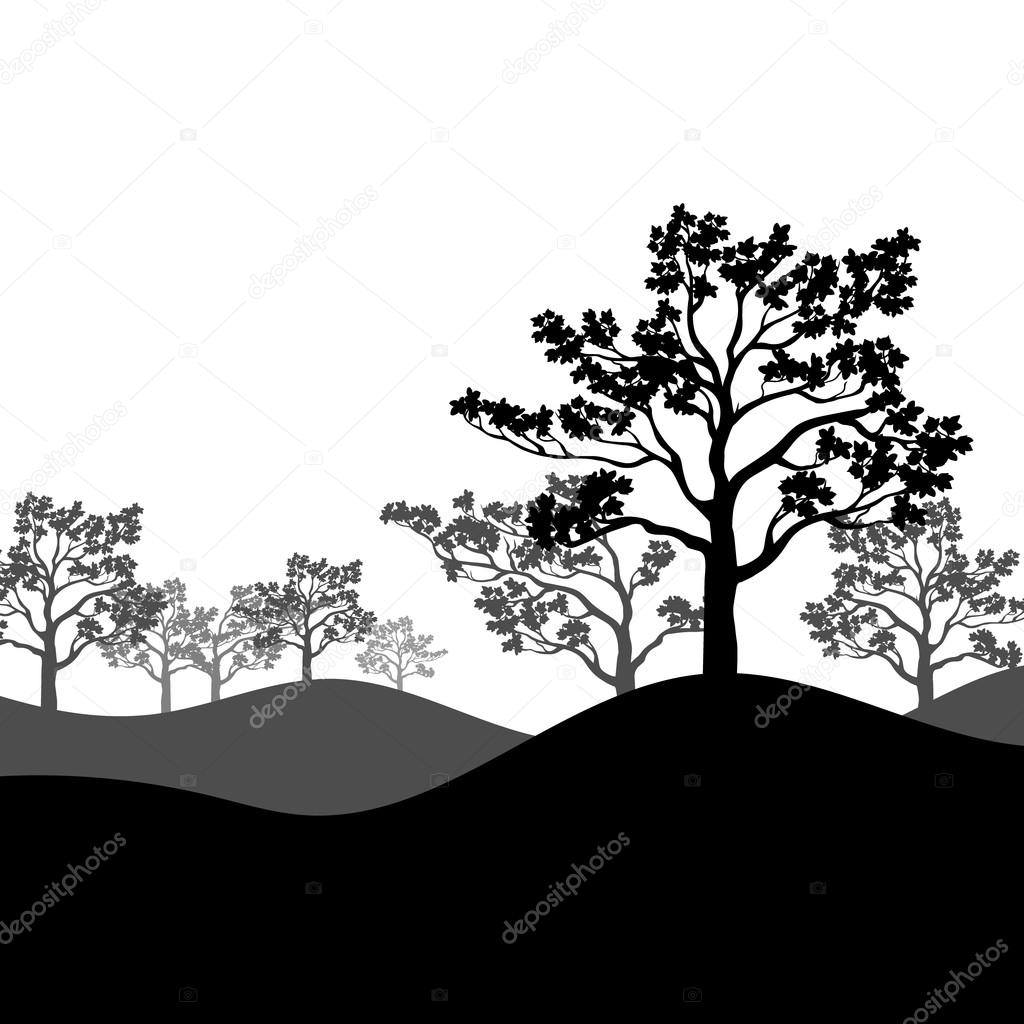 Tree sakura silhouette with landscape. Vector illustration.