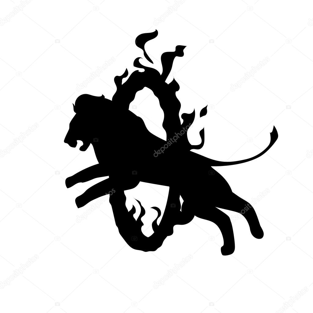 Lion jumping through fire ring. Vector illustration.