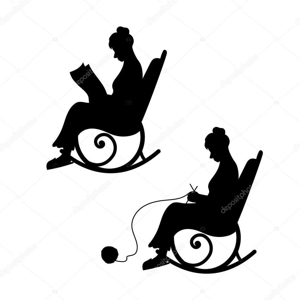 Grandmother with ball of yarn knits in a chair. Grandma reads the newspaper. The concept of old age, a home of warmth, comfort. Set of black silhouettes and icons. Set of vector illustrations.