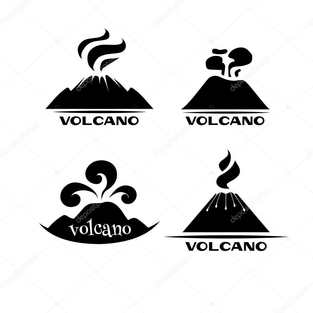Volcano vector set. Logotypes and signs. Black and white labels with words.