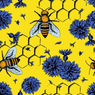 Arılar ve çiçekler ile sorunsuz vektör desen.