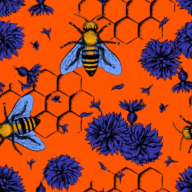 Arılar ve çiçekler ile sorunsuz vektör desen.