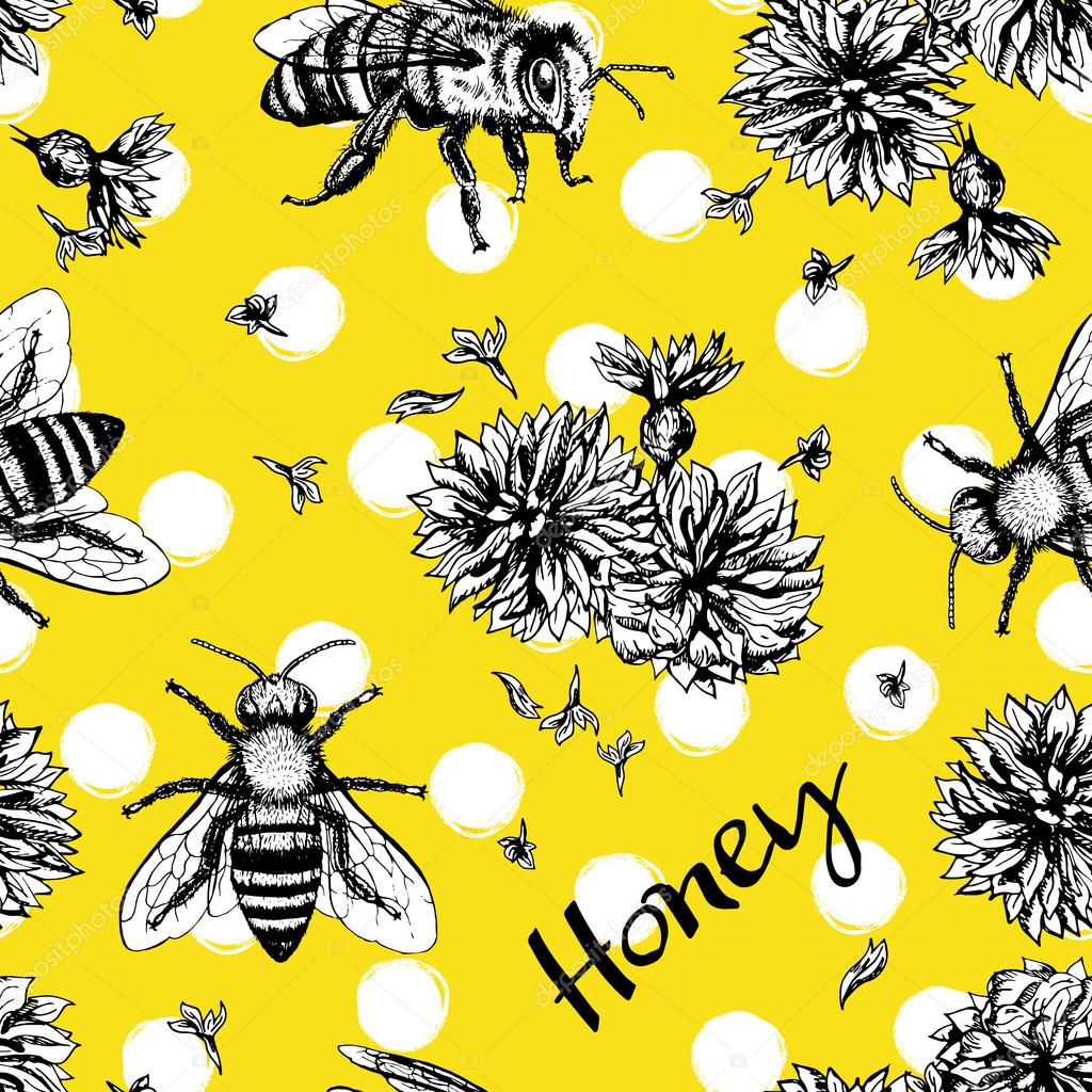 Seamless vector pattern with bees and flowers.