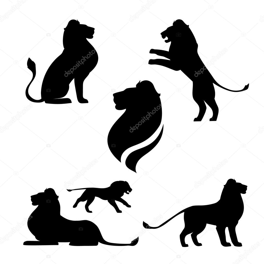 Lion set of black silhouettes. Icons and illustrations of animals. Wild animals pattern