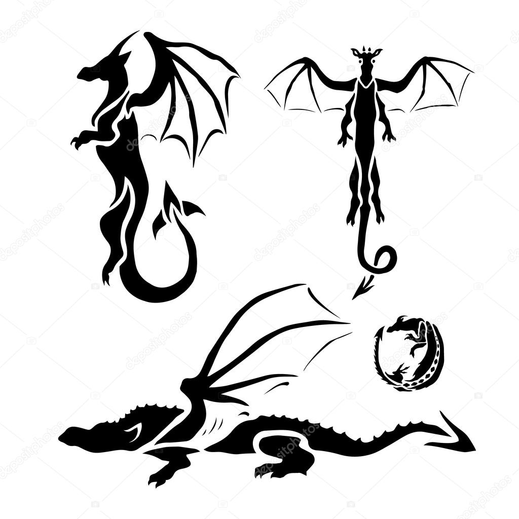 Set of vector black graphic dragons.