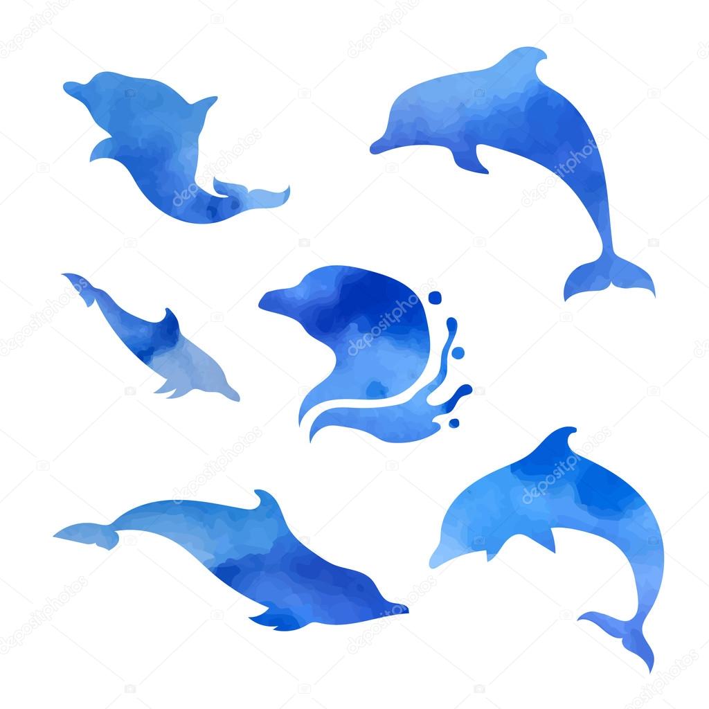 Set of vector blue watercolor dolphins. Collection of animal icons