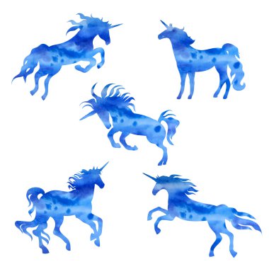 Onicorn vektör suluboya siluetleri kümesi