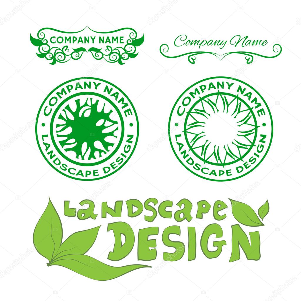 Set of logos and labels: landscape design. Collection symbols with leafs and trees. Vintage floral signs with curls. Doodle inscription: landscape design