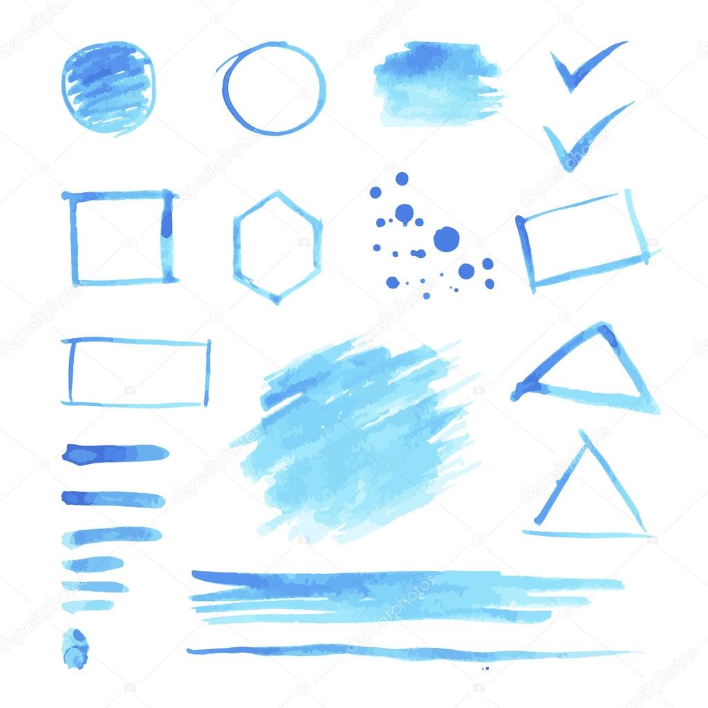 Set of blue watercolor spots and geometric shapes.