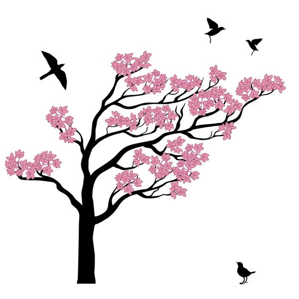 Silhoutte di albero di sakura con uccelli — Vettoriale Stock