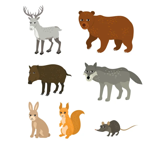 Cartoon set: northern deer bear boar wolf rabbit squirrel mouse — Stock Vector