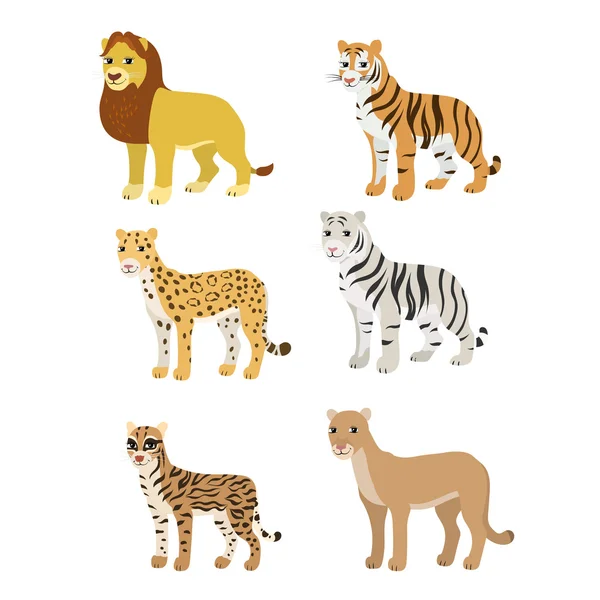 Cartoon set: lion tiger leopard white tiger puma ocelot. — Stockový vektor