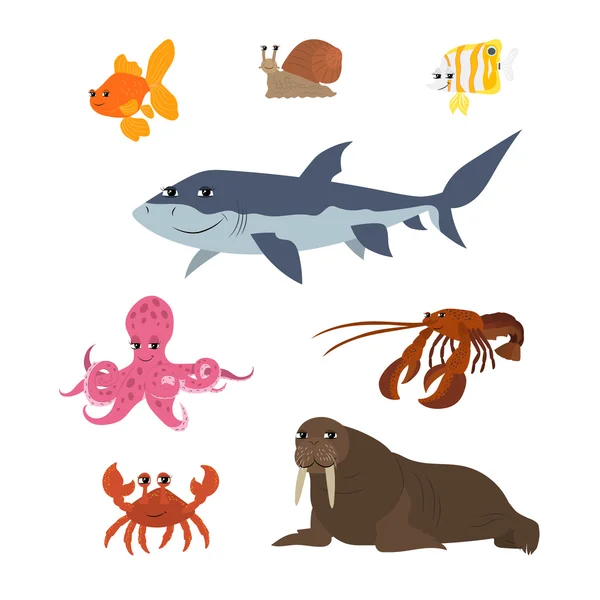 Cartoon set: goldfish snail shark fish butterfly octopus crab walrus lobster. — Stok Vektör