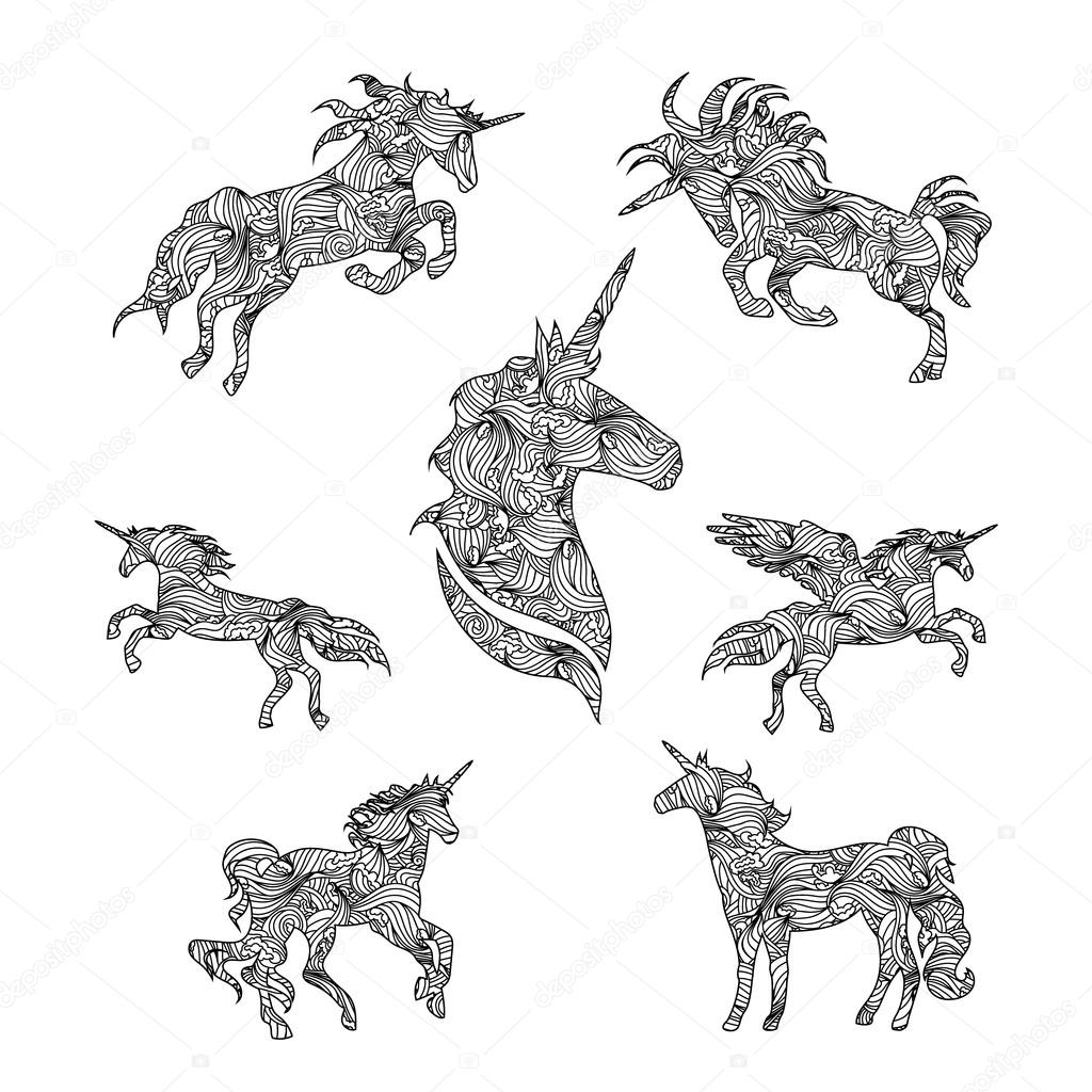 Set of black graphic unicorns.