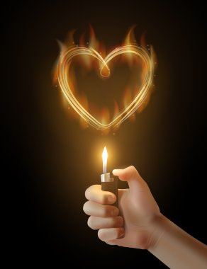 Vector burning heart and the hand holding the lighter.