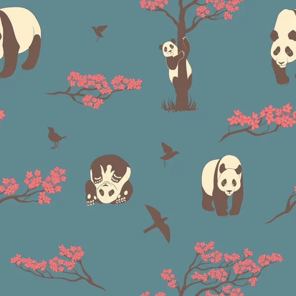 Padrão sem costura de árvore sakura e panda . —  Vetores de Stock